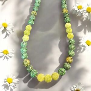 Green Yellow Jasper Beaded Necklace Earthy Gemstone Statement Jewelry Gold